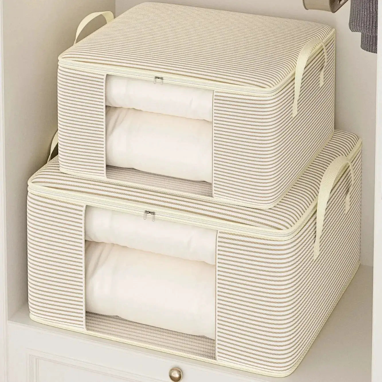 Simples Market large foldable striped storage bag set, two stackable units with handles and zippered front window