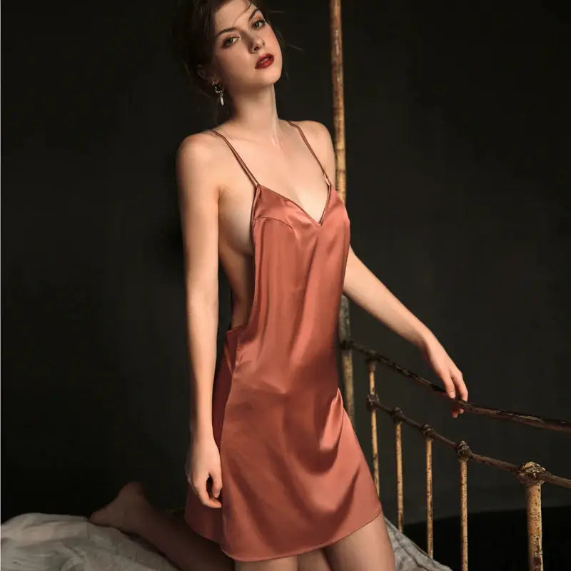 SilkAura Sexy Deep V Suspender Silk Nightdress Lightweight Flattering Sleepwear For Elegant Nights