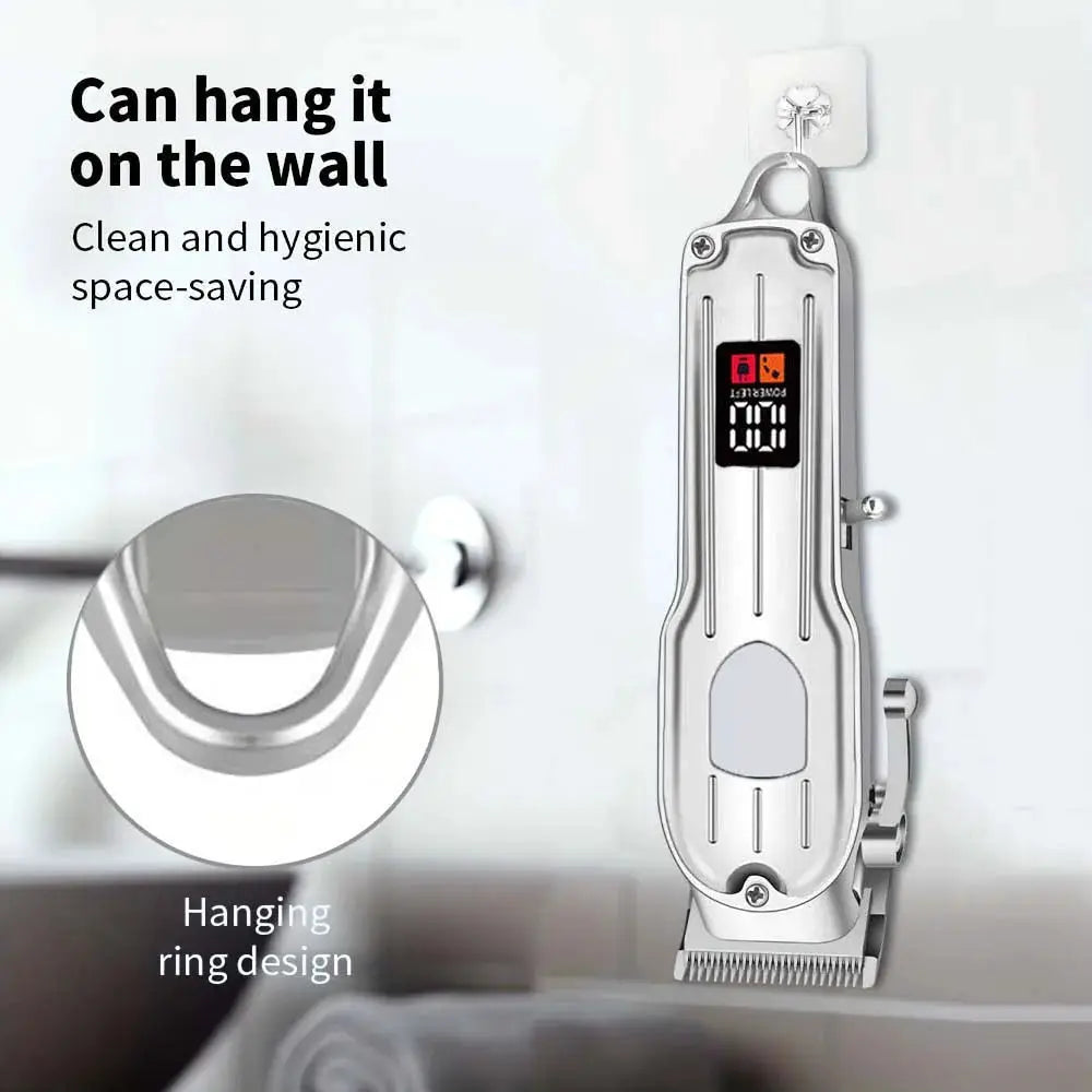 Professional silver hair clipper and trimmer set with digital display, wall-mounted hanging ring design.