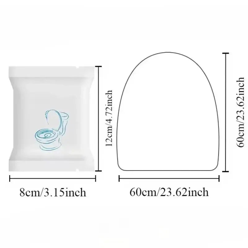 Portable disposable toilet seat covers pack in white non-woven material with toilet icon, compact travel size.