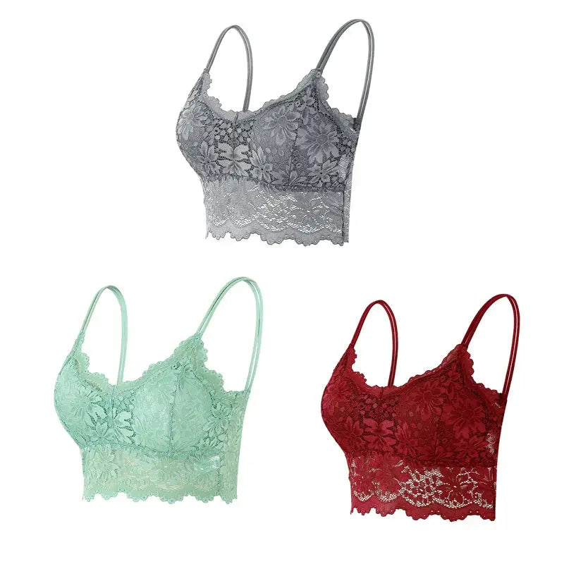 3-pack lace bralettes set in gray, mint green, and red by Simples Market