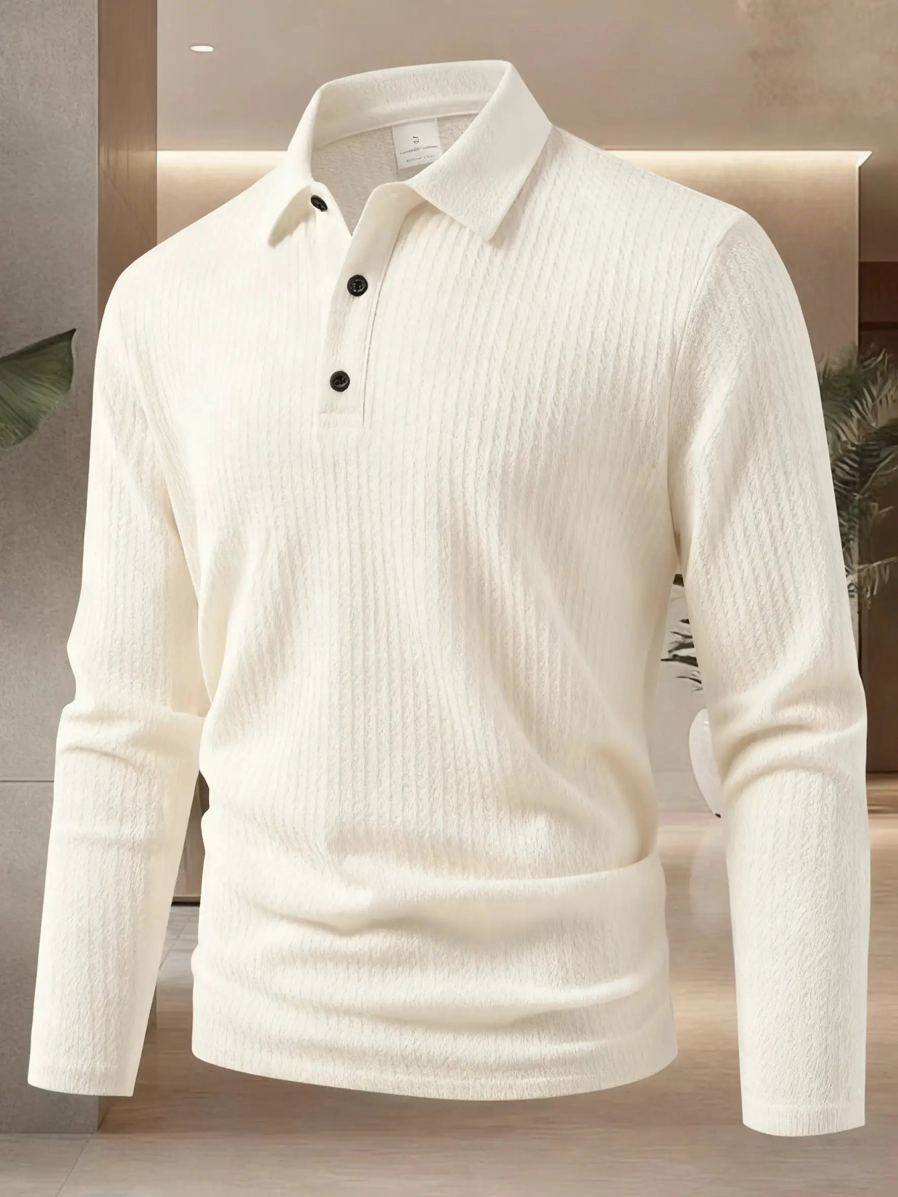 Simples Market men's white long-sleeve polo shirt with ribbed texture, collar, and black buttons.