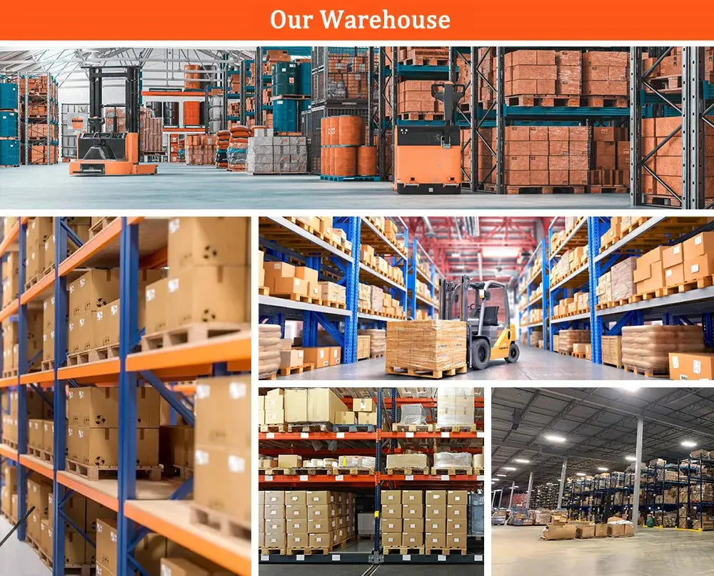 Our Warehouse stock photo collage showing tall blue racks, pallets, and forklifts in a large warehouse.