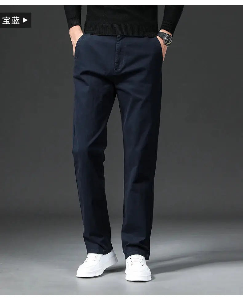 Men's navy cotton-stretch straight-fit chinos by Simples Market for casual or work wear.