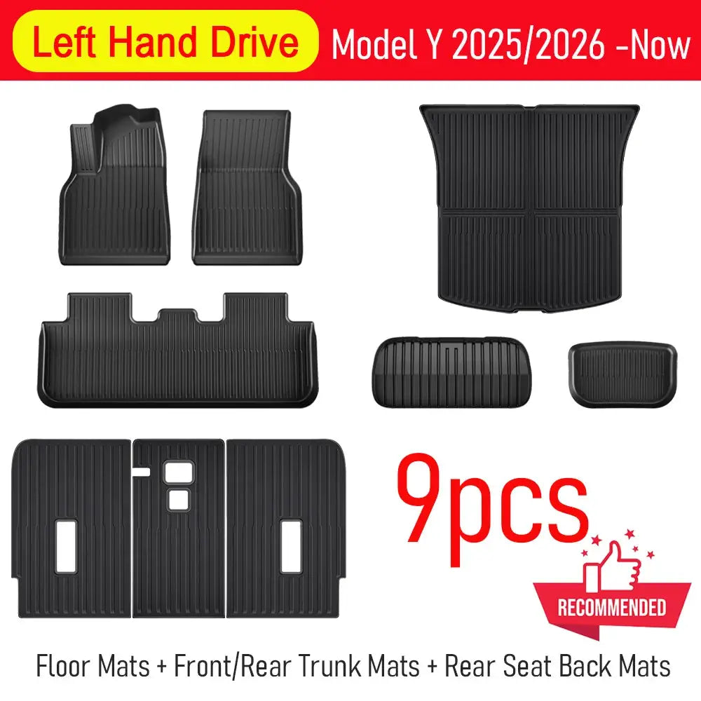 Floor mats for Tesla Model Y 2025–2026 by Simples Market, 9-piece black all-weather set front/rear/trunk/seat-back