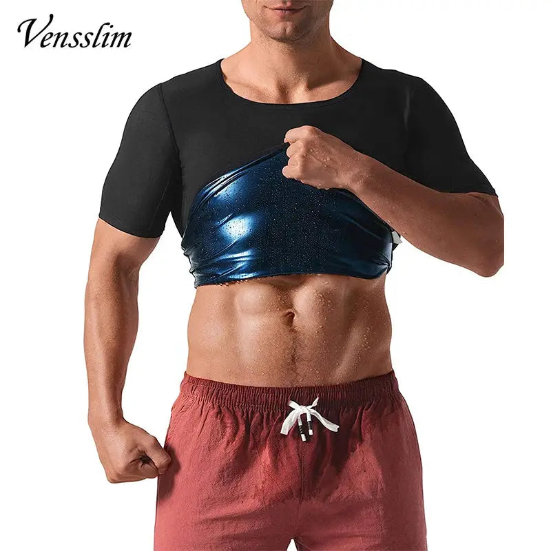 Vensslim men’s sauna vest with blue metallic fabric over a black short-sleeve shirt