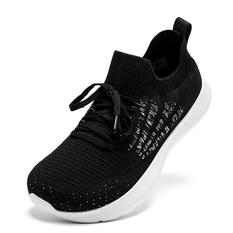 HOBIBEAR unisex running sneaker, black knit upper with white sole, breathable lace-up style.