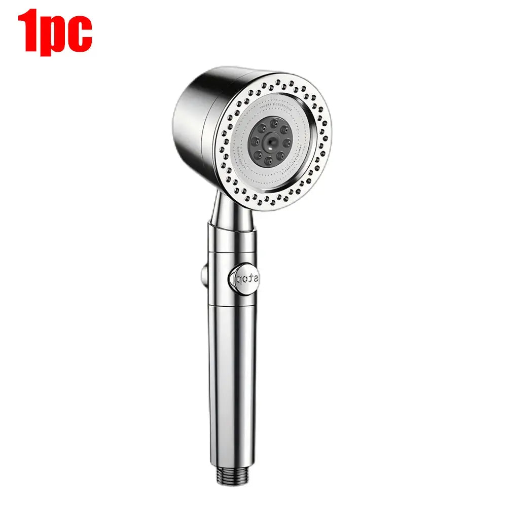 Chrome handheld shower head with 5 modes and adjustable swivel joint.