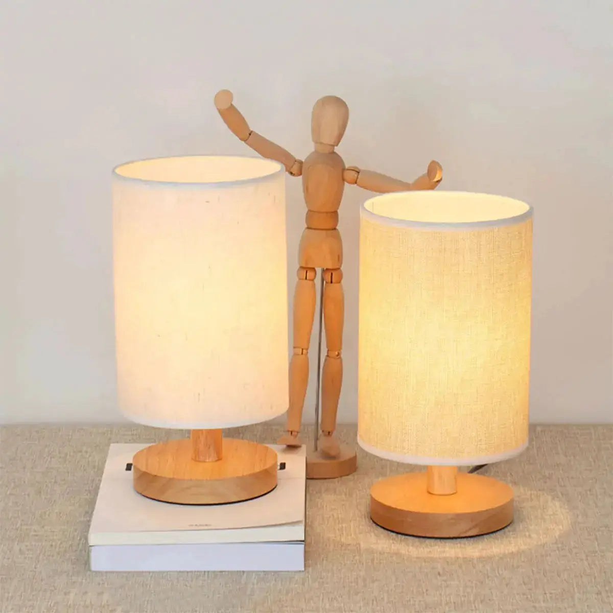WoodCraft USB Bedside Lamp With Warm Wood Finish And Cylinder Linen Shade For Eye Friendly Lighting