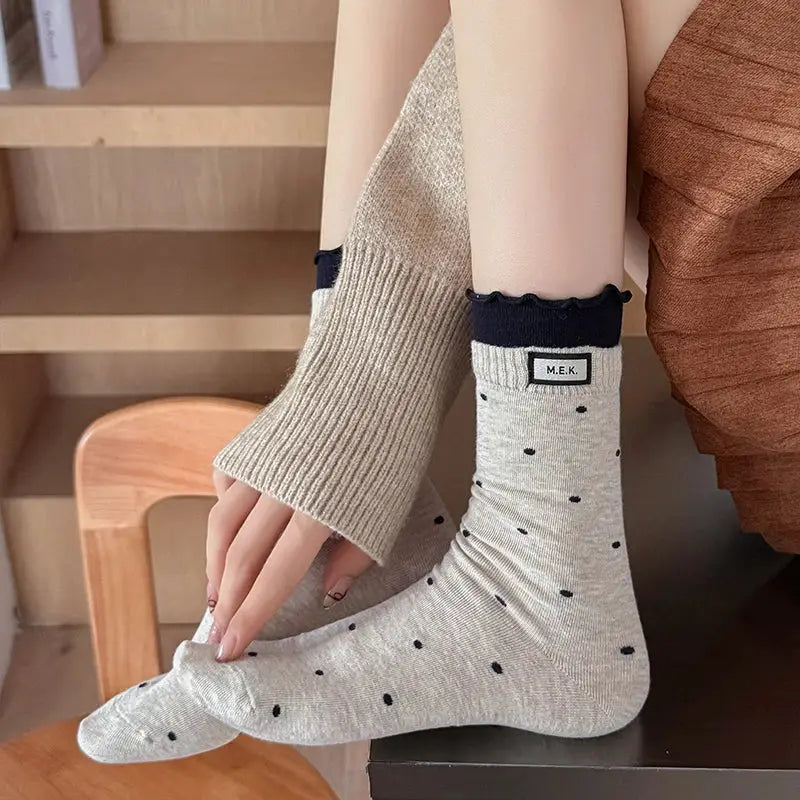PreppySteps Womens Dots Pattern Frilly Long Socks Breathable Combed Cotton Everyday Comfort