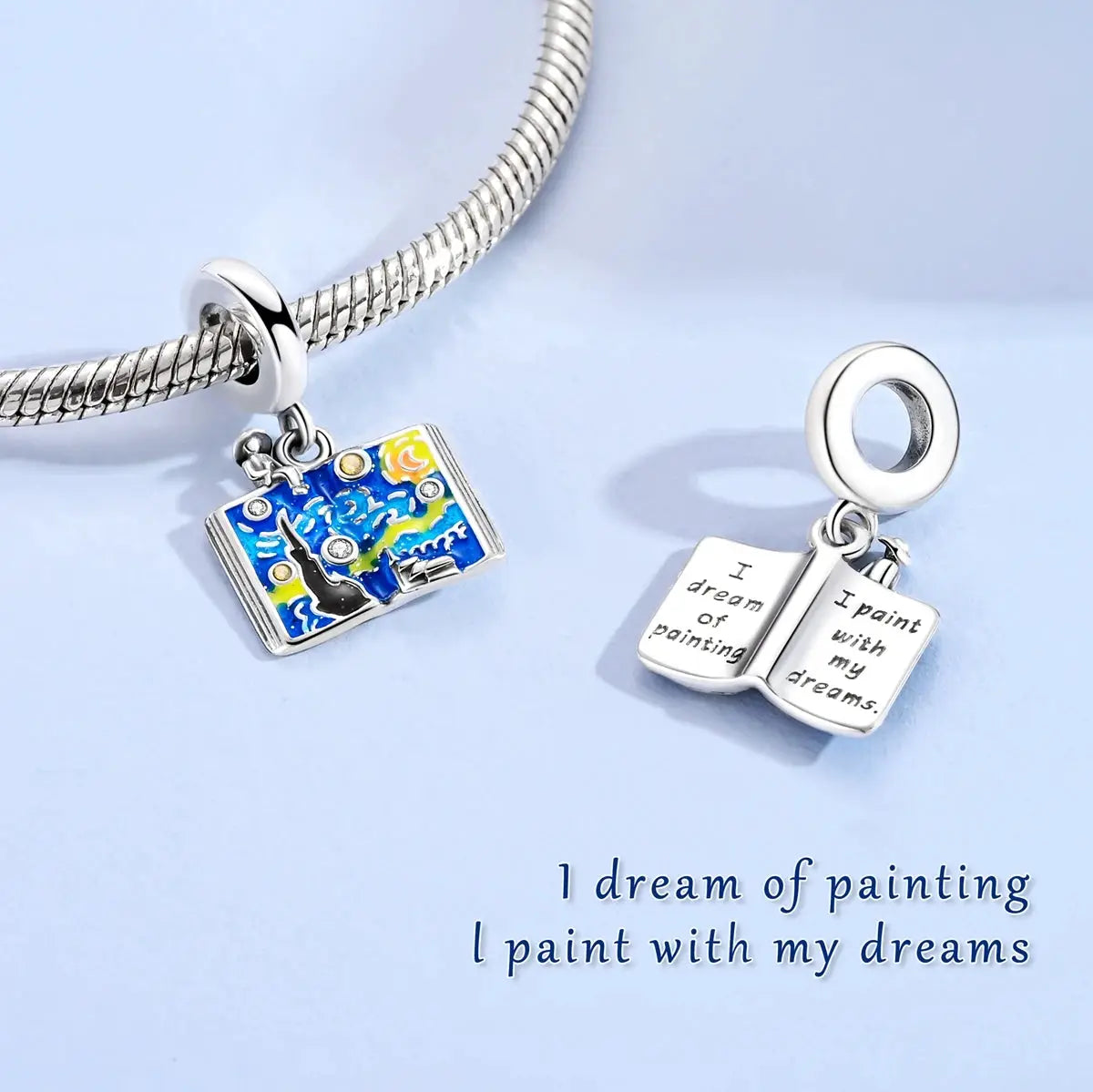 Van Gogh Starry Night Charms, 2-piece 925 silver bracelet charm set with blue enamel painting charm and open-book charm