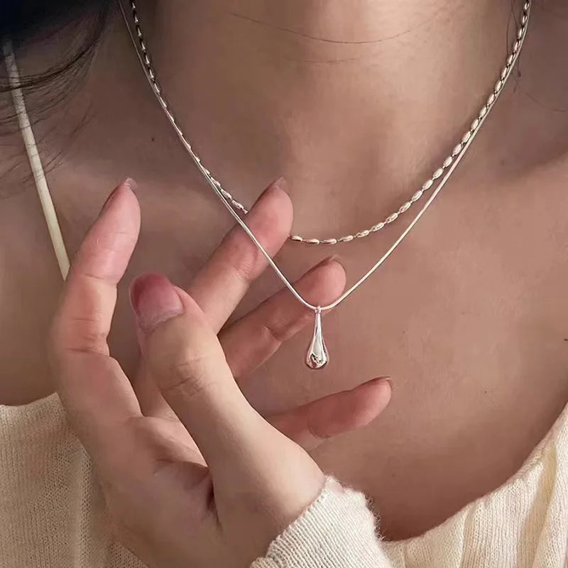 925 sterling silver double-layer drop pendant necklace with teardrop charm