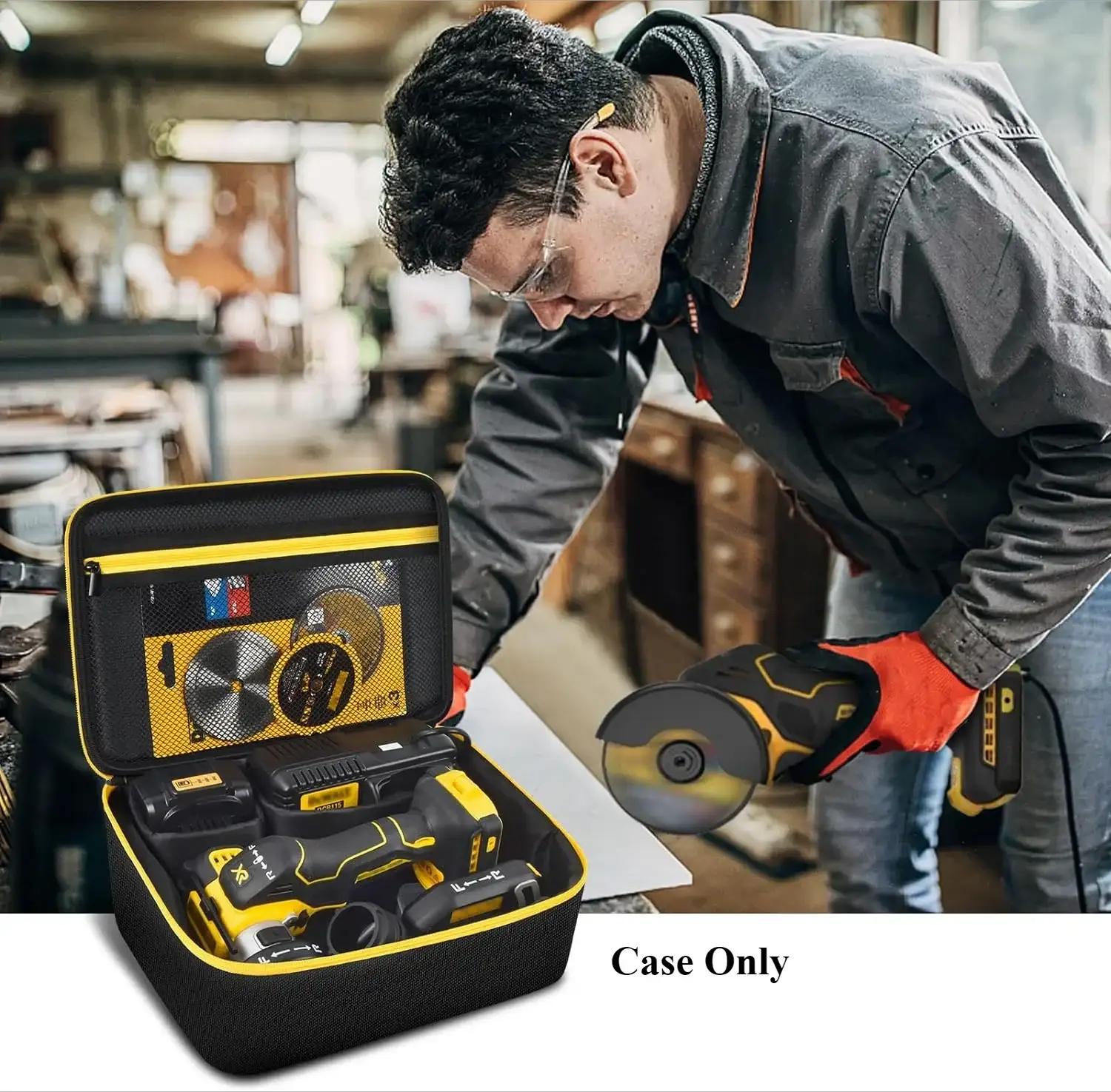 Storage bag for DEWALT 20V MAX tool set; yellow and black carrying case opened with batteries and charger visible.