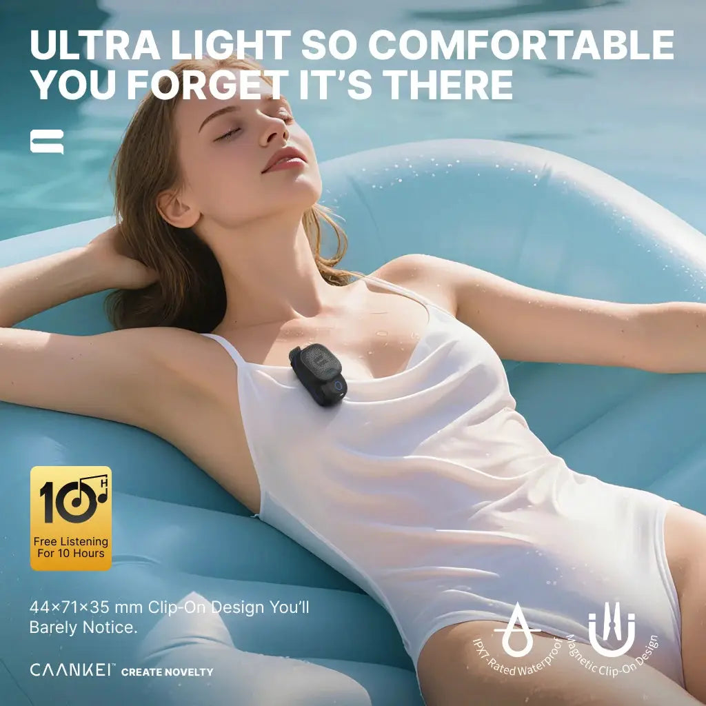 Wearable Bluetooth speaker clip-on, black, IPX7 waterproof for calls and music.
