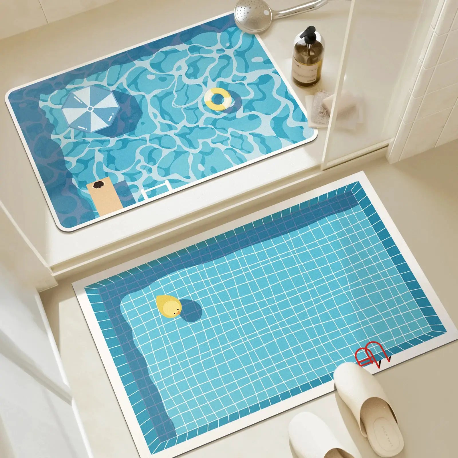 Rubber bathroom anti-slip floor mat with blue cartoon swimming pool print; water-absorbing, quick-drying