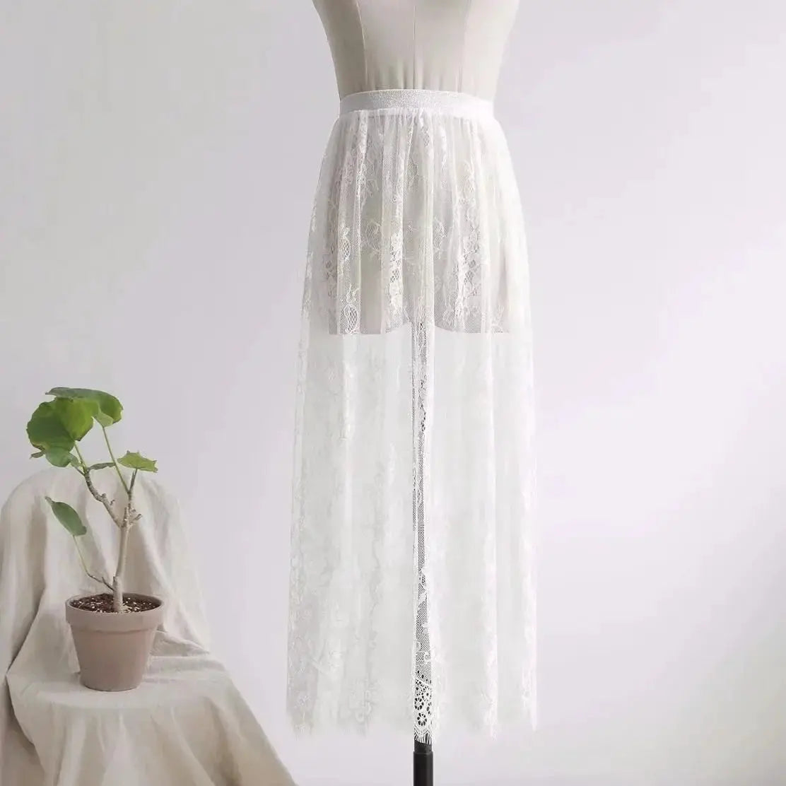 White lace long underskirt with high-waist slip and sheer overlay