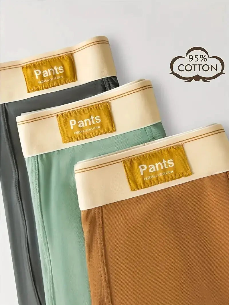 3-pack men's cotton boxer shorts in black, mint green and tan with beige waistbands