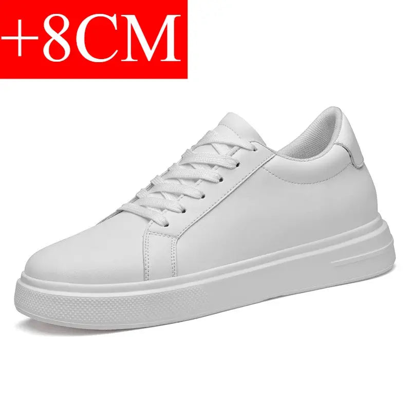 White leather men's elevator sneakers with thick platform sole and 8 cm height boost.