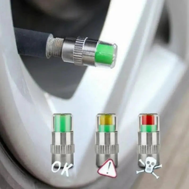 Car tire valve caps 4-pack by Simples Market with green/yellow/red indicators for tire pressure