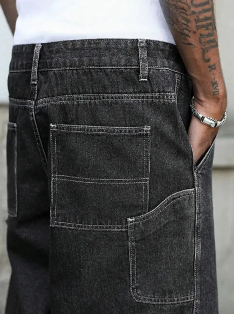 Men's black-grey denim shorts by Simples Market with loose baggy fit and large patch cargo pocket