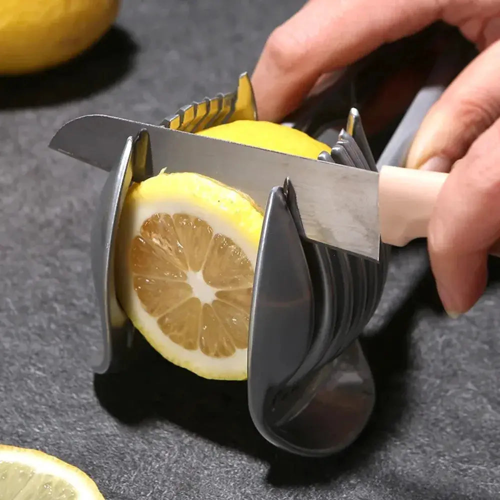 SwiftSlice Stainless Steel Handheld Fruit And Vegetable Slicer For Precise Uniform Slices Of Tomatoes Lemons And Onions