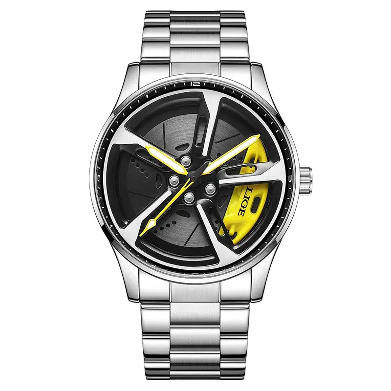 LIGE sport watch with 3D car wheel rim dial, stainless steel bracelet