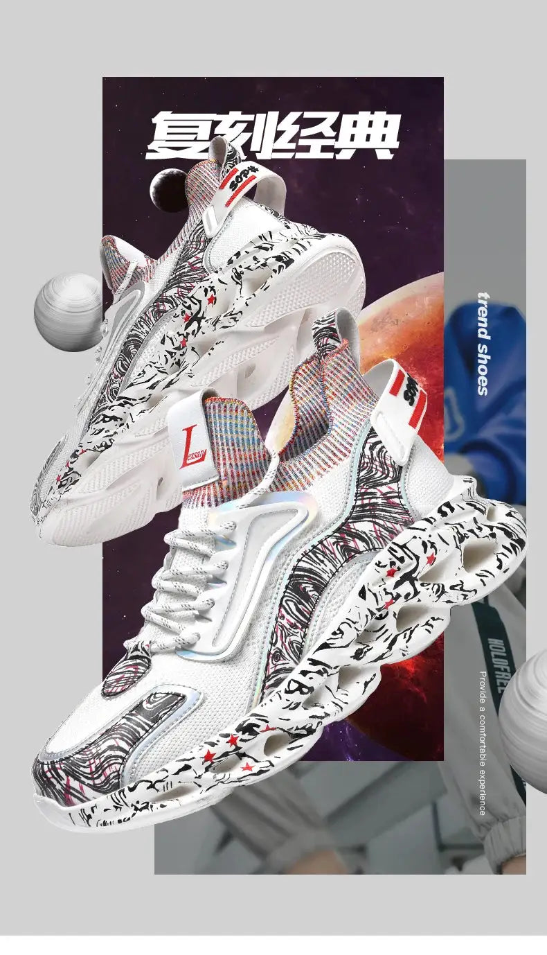 Simples Market men's sneakers: white breathable mesh, multicolor graffiti print, chunky sole.