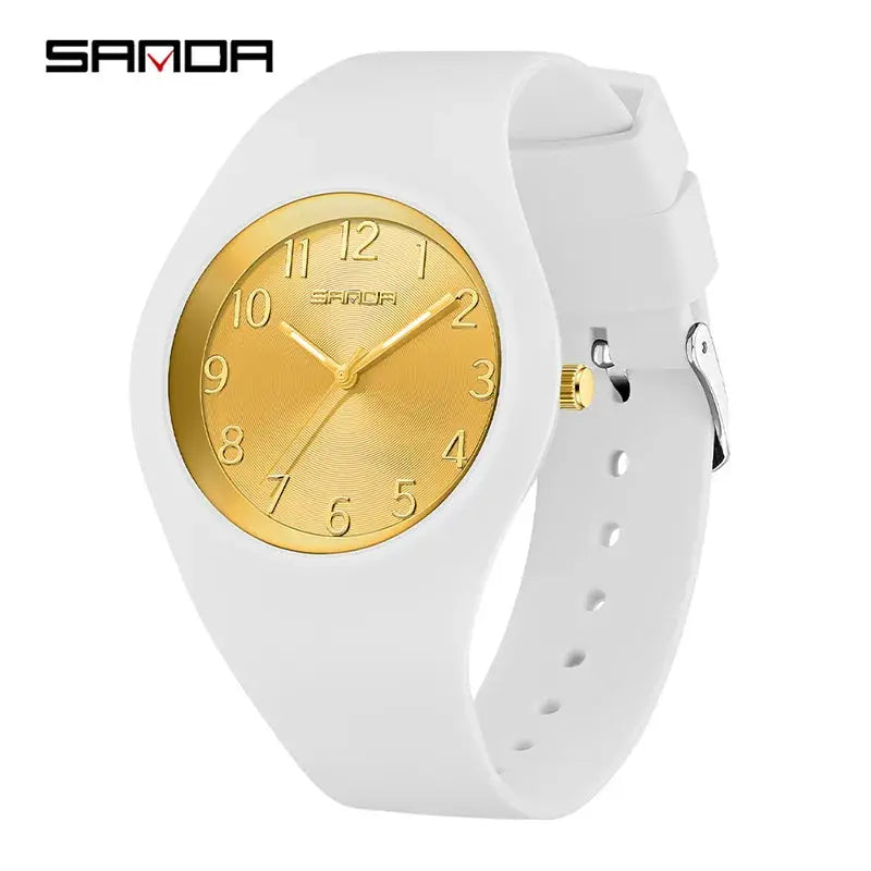 SANDA white silicone strap quartz watch with gold-tone dial