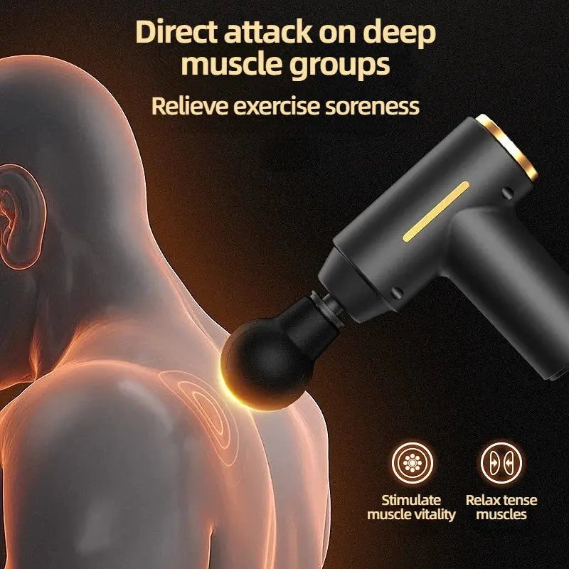 Simples Market portable mini muscle massage gun, black with gold accent, for back and neck relief.