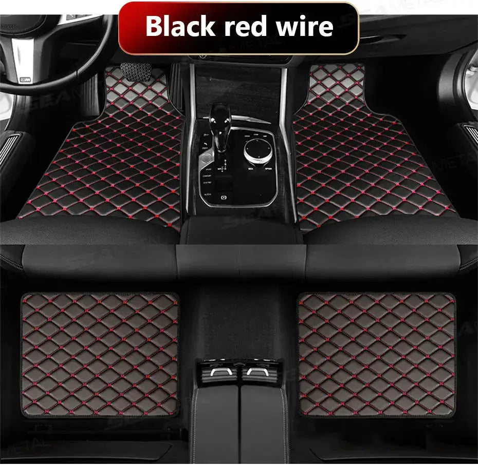 Car floor mat set, 4pcs, by Simples Market SEAMETAL, black with red diamond stitching, non-slip waterproof all-weather