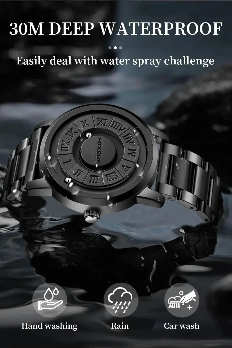 FOXBOX men's black stainless steel watch with floating magnetic pointer, waterproof 30m