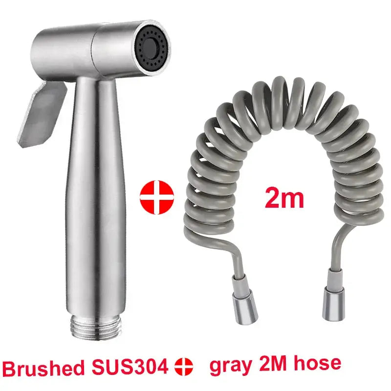 Handheld shower spray gun in brushed SUS304 stainless steel with a 2m gray hose for sinks and toilets