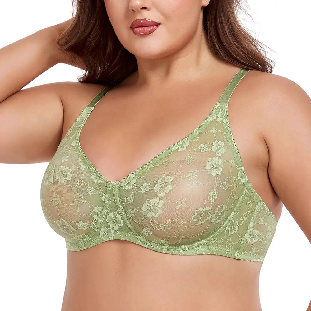 Plus Size Lace Underwire Bra by Simples Market in sage green floral lace, B-E cups.