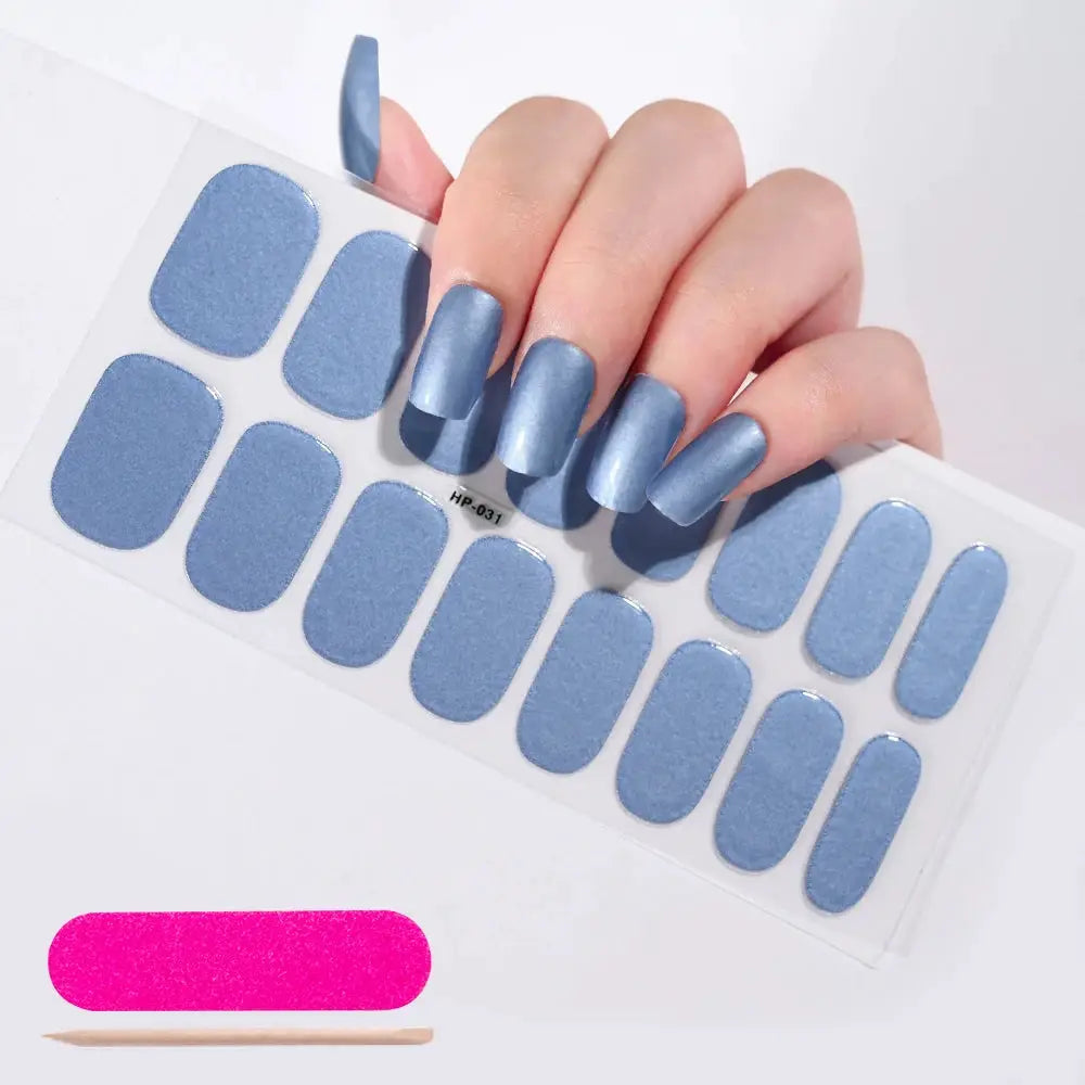 Blue semi-cured gel nail wrap sheet with adhesive full-cover decals for quick manicure