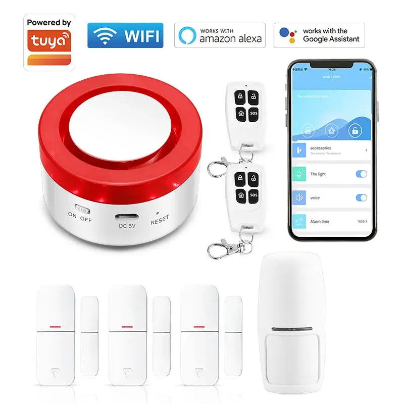 Simples Market Tuya Smart WIFI security alarm kit; red circular siren, door/window/motion sensors, remotes, app control