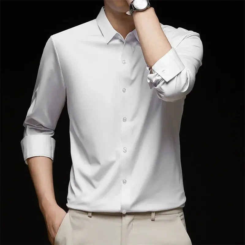 Men's white business casual long-sleeve shirt by Simples Market, wrinkle-resistant, versatile top