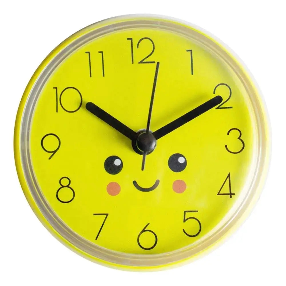  Mini Sucker wall clock, yellow round 7cm with a cute face for bathroom or kitchen