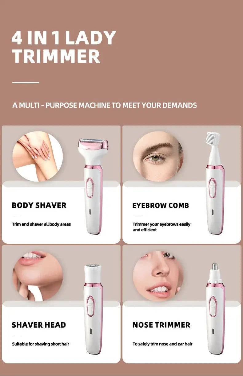 HOMEFISH 4-in-1 lady shaver, cordless pink and white with body shaver, eyebrow comb, shaver head, and nose trimmer