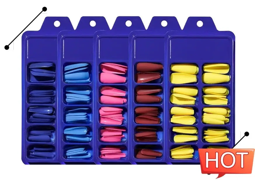 Semi-cured gel nail wraps kit by Simples Market in blue organizer; 5 color sets for full-cover decals.