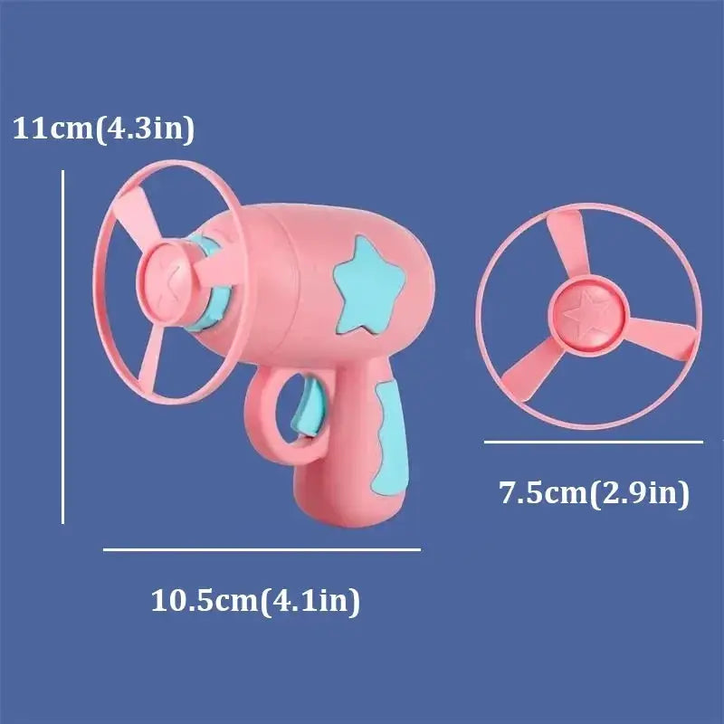 Pink mini interactive cat toy launcher gun with spinning disc propeller and blue grip accents