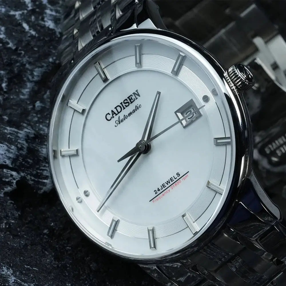 CADISEN ultra-thin mechanical wristwatch with white dial and silver stainless steel case and bracelet