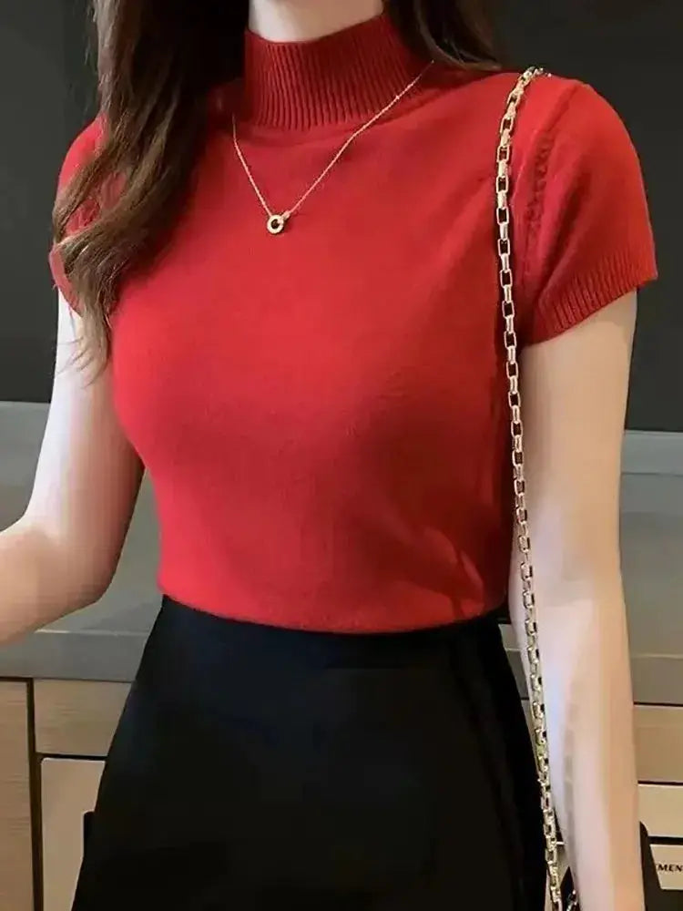 LunaVogue Women Half High Neck Tee Fashion Jumper Lightweight Chiffon Blend Breathable Spring Summer Style