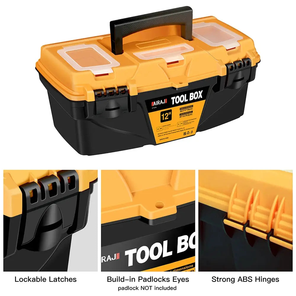 AIRAJ 12in plastic tool box with orange lid, black body and lockable latches.