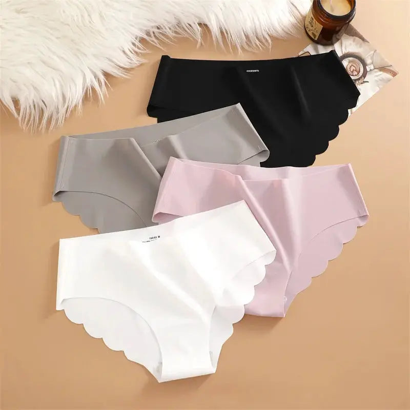 Ice Silk Seamless Panties 4-Piece Set by Simples Market in black, gray, white, and pink with scalloped wavy edges
