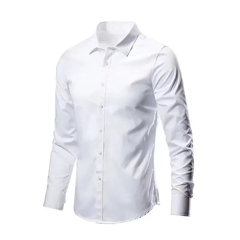 Men's white dress shirt with long sleeves, slim fit, anti-wrinkle, no pocket