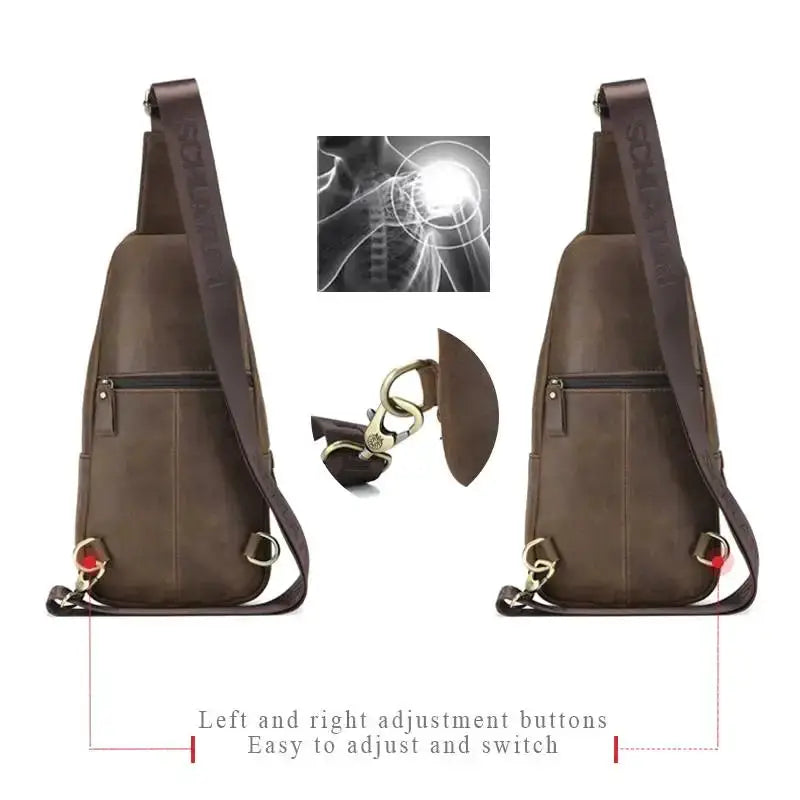 Schlatum brown genuine leather chest bag with triangle crossbody design; 2 bags shown