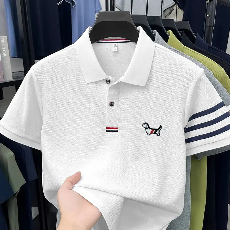 Men's white polo shirt, short sleeves, navy striped cuffs, dog embroidery logo
