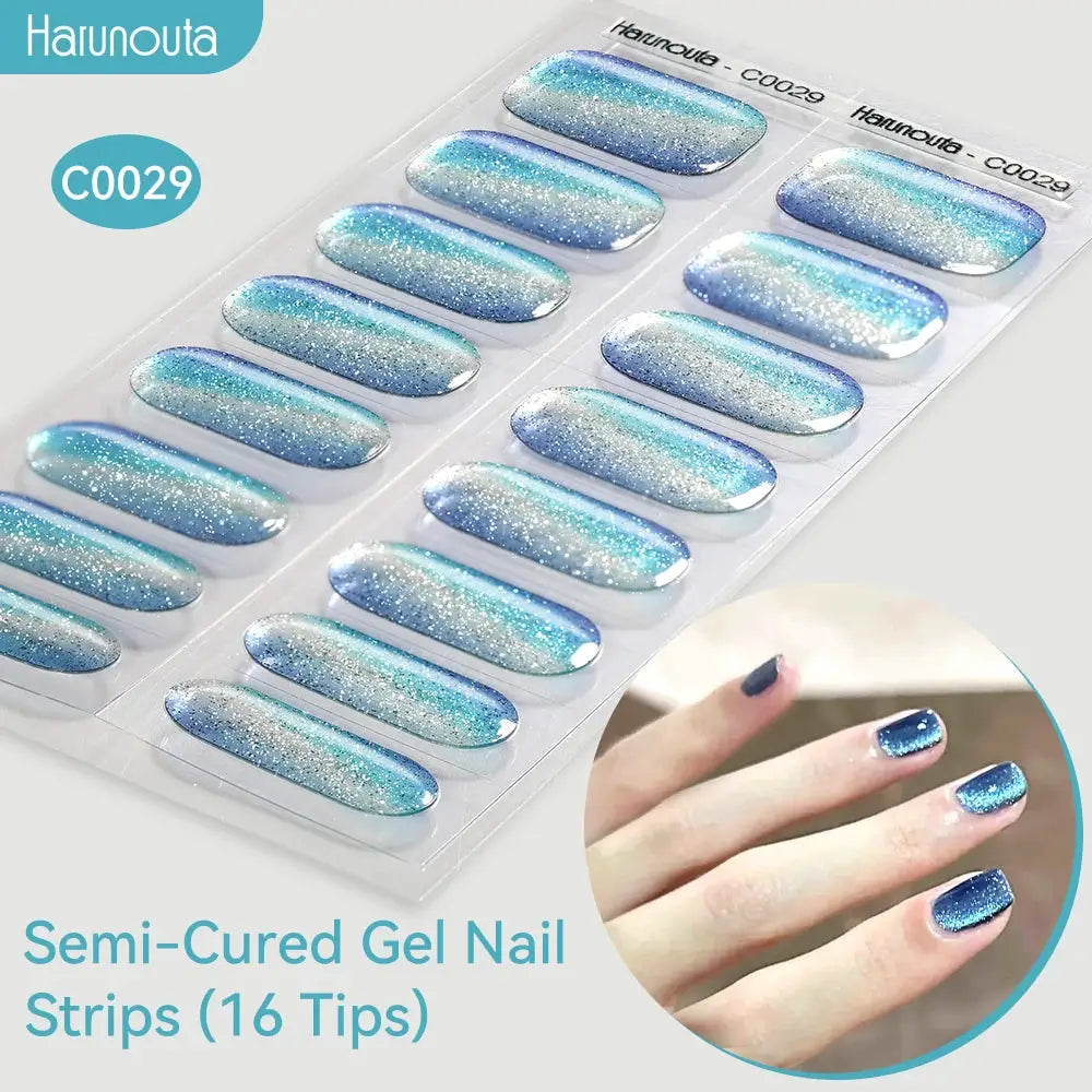 Semi-Cured Gel Nail Strips set with gradient blue-teal glitter, sparkly finish, 16 tips; Harunouta packaging