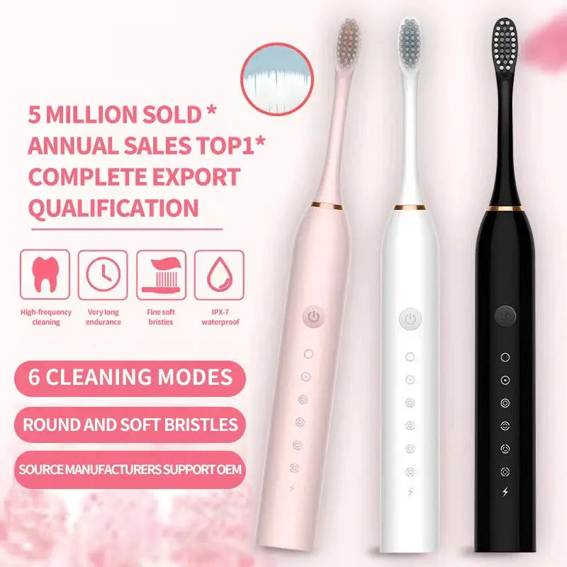 SonicWave Pro Electric Toothbrush for Adults IPX7 Waterproof USB Rechargeable DuPont Brush Head 6 Cleaning Modes