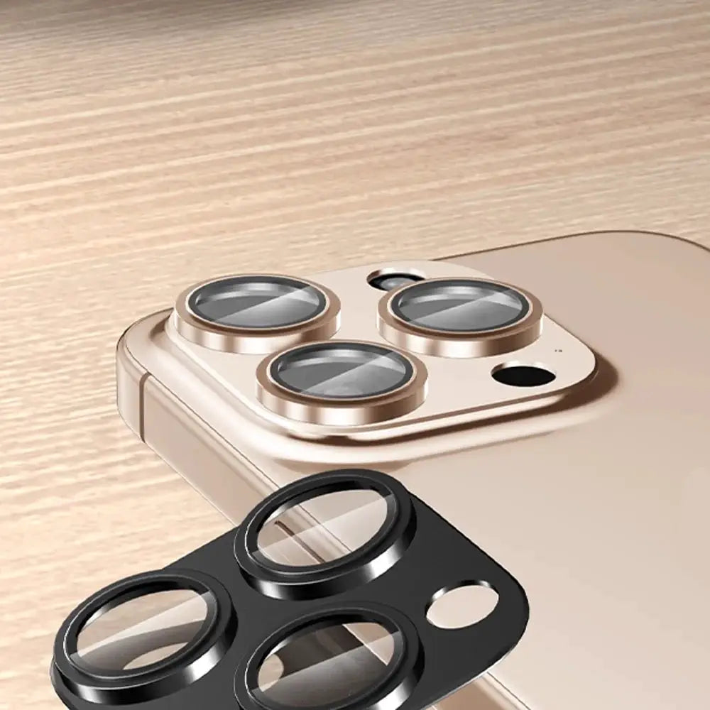 Simples Market metal camera lens glass protector set for iPhone back lenses, gold and black finishes.
